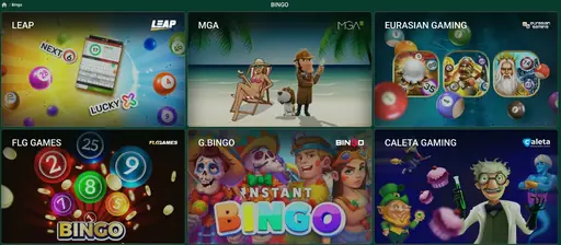 Bingo lobby with LEAP, MGA, Eurasian Gaming, FLG Games, G.Bingo and Caleta Gaming